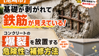 【尼崎市】基礎が剥がれて鉄筋が見えている！コンクリートの爆裂を放置する危険性と補修方法